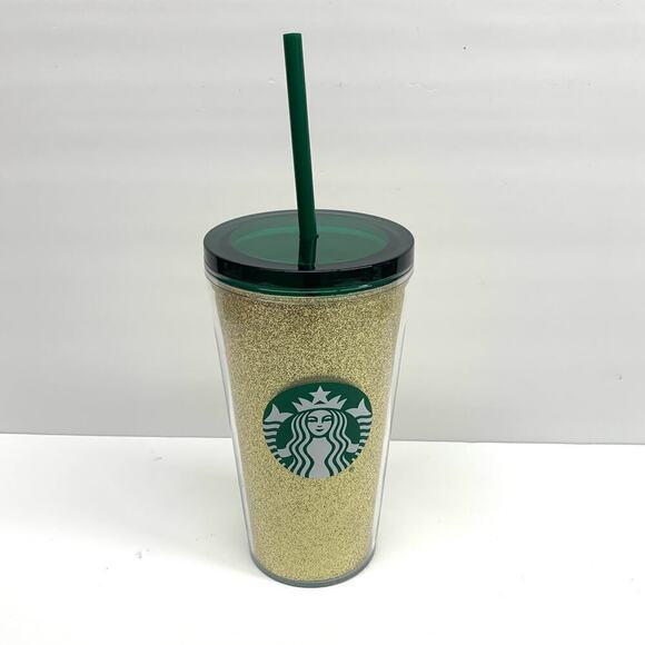 Starbucks 2021 16 oz. Tumbler Sparkling Gold With Green Lid & Straw Mermaid Logo - Picture 1 of 10